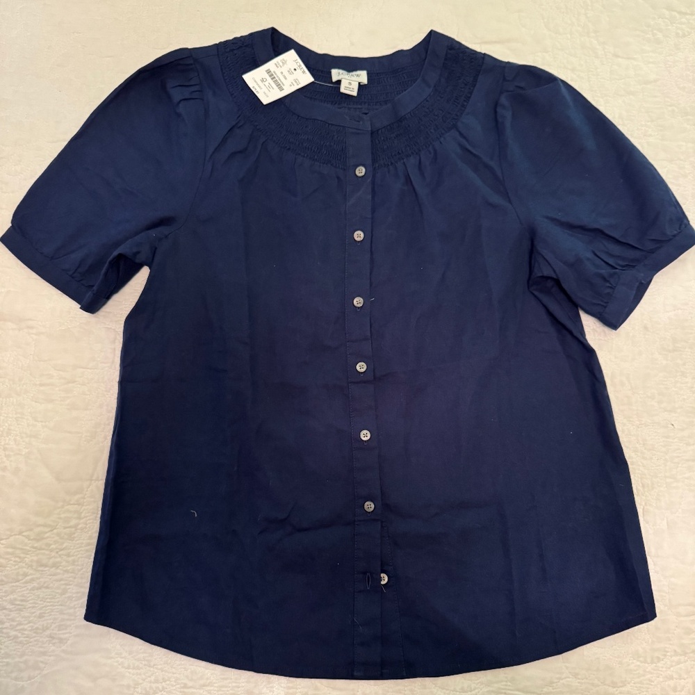 J Crew Factory NWT Linen Blend Short Sleeve Smock Neck Top Size Small in Navy